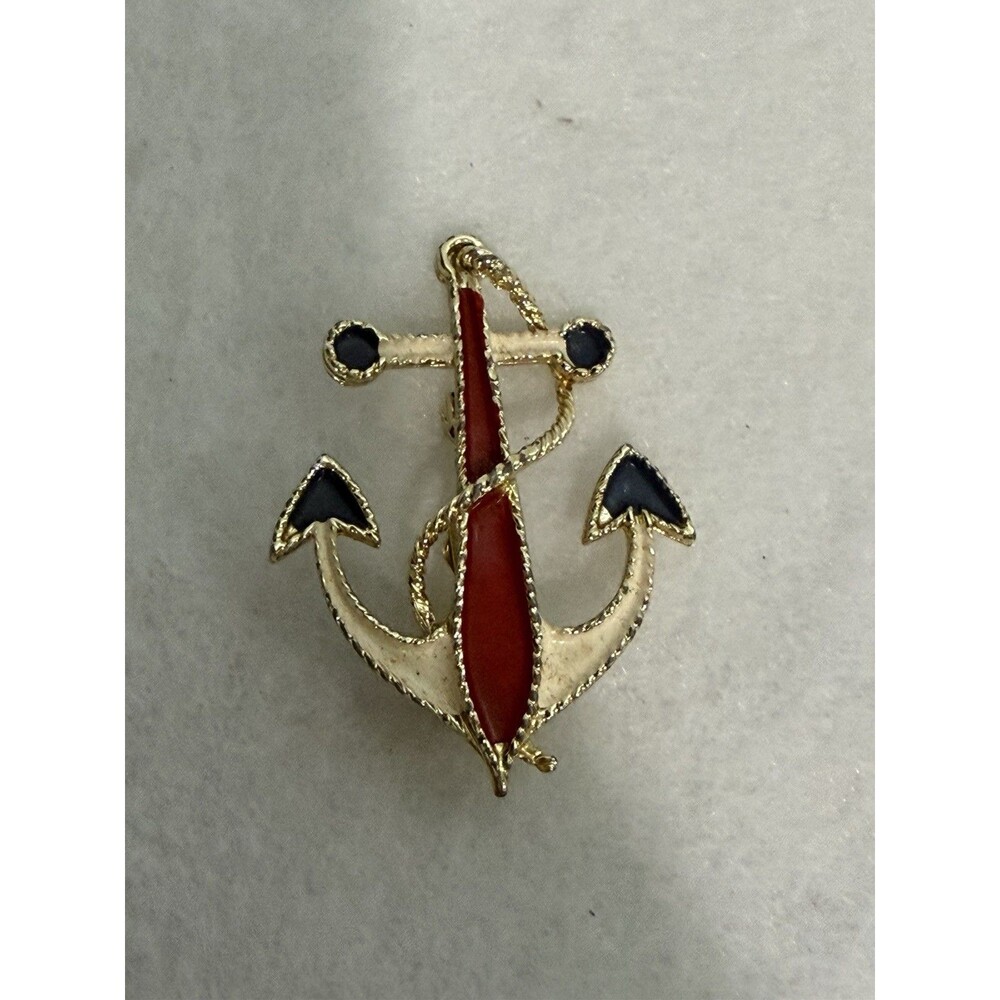 Vintage JJ Enamel Anchor Brooch Pin Red White Blue Nautical